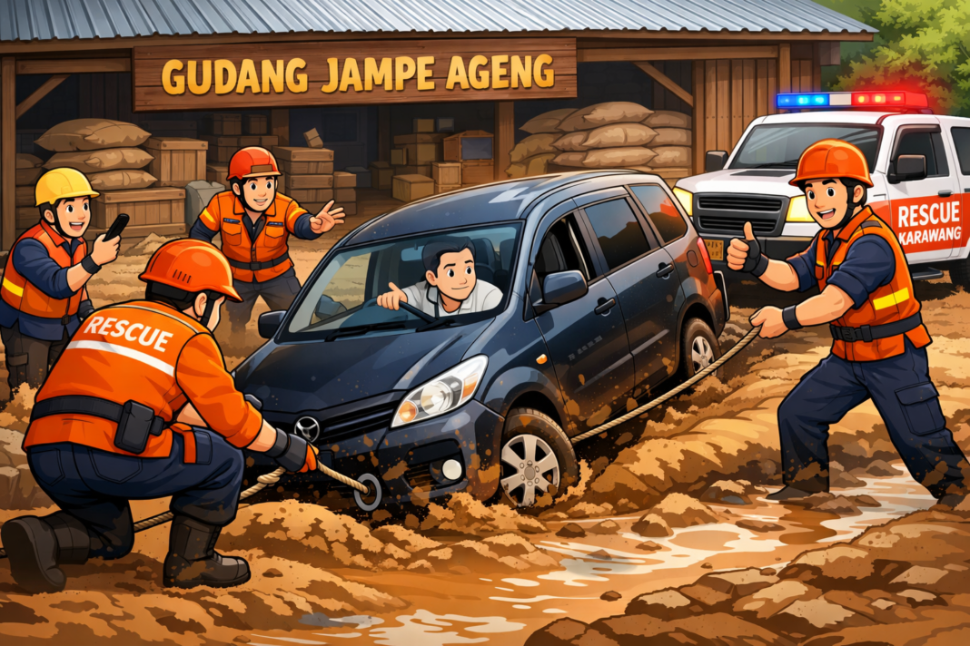 Mobil Puso Terperosok di Gudang Jampe Ageng, Tim Rescue Karawang Sigap Beri Bantuan